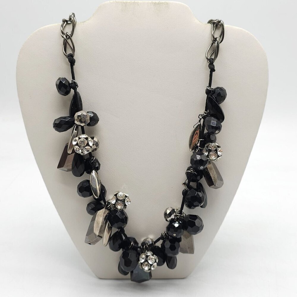 M. Haskell Black Silver Beaded Statement Necklace Rhinestone Accents Chunky Bib